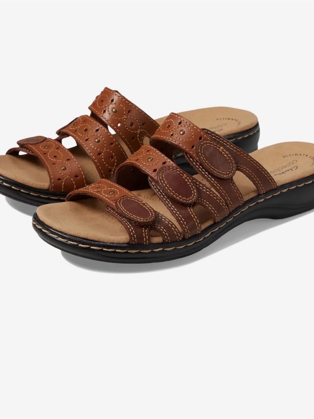 Clarks Brown Leather Leisa Cacti Q triple strap Slide Sandals size 7.5M
